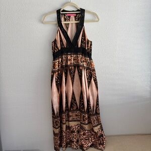 Manoush 100% Silk Patterned Sleeveless Pink/Brown Lace Trim Midi Inca Dress